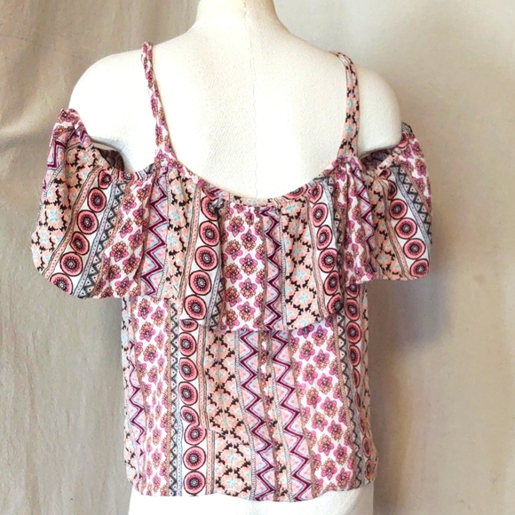 Midnight Sky Cold Shoulder Peasant Top, Colorful Geometric Floral women’s Large - Picture 5 of 10